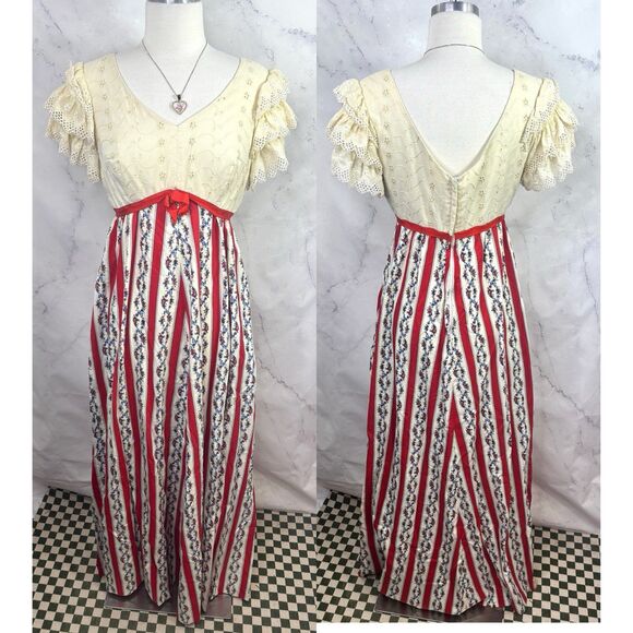 Vtg 70s Princess Kaiulani Hawaiian Maxi Floral Dress M Short Puff Sleeves Eyelet - Picture 1 of 16